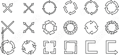 Arrow icon vector set, circular arrows, crossed arrows, corner arrows, direction symbols, black outline, UI design, infographic elements
