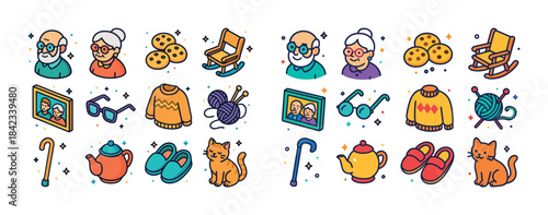 Elderly activities and items icons set with cat, yarn, and tea e