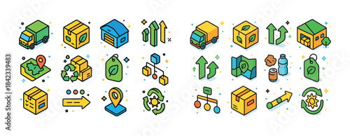 Eco-friendly transportation and sustainable packaging icons with