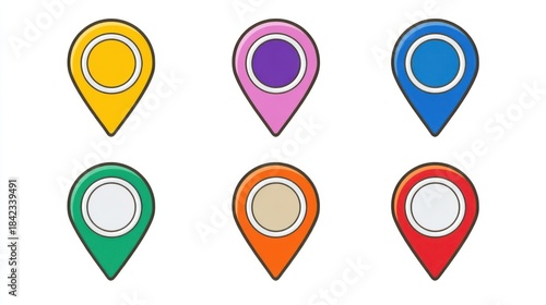 Six colorful map markers placed on a detailed world map, highlighting various locations with precision and clarity. Free Download Six colorful map markers placed on a detailed world map, highlighting various locations with precision and clarity. - GFXLoad