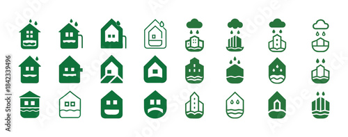 Green flood risk icon set featuring houses and water drops