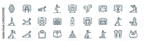 modern linear virtual fitness icon set. vector thin line outline symbols for ui/ux app and web interfaces. minimal stroke collection including controllers, skipping rope, vr fitness, chest expander,