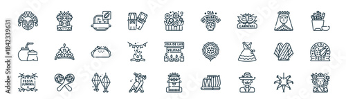 modern linear cultures icon set. vector thin line outline symbols for ui/ux app and web interfaces. minimal stroke collection including piñata, catrina, chote making, inca, campfire, chote fest, aya