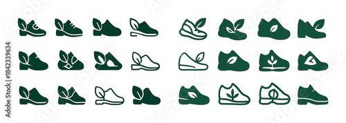 Eco-friendly footwear icons collection featuring leaf elements