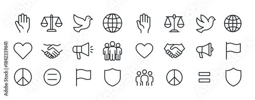 Collection of simple line icons representing peace, justice, uni
