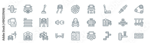 modern linear car maintenance icon set. vector thin line outline symbols for ui/ux app and web interfaces. minimal stroke collection including damper, repair, gear stick, seat belt, ignition, car