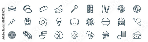 modern linear food icon set. vector thin line outline symbols for ui/ux app and web interfaces. minimal stroke collection including biscuit, empanada, bread, pizza, gelato, croissant, donut, cheese.