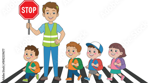 Cartoon illustration of school crossing guard helping children safely walk across crosswalk, educational safety concept for kids, traffic awareness scene