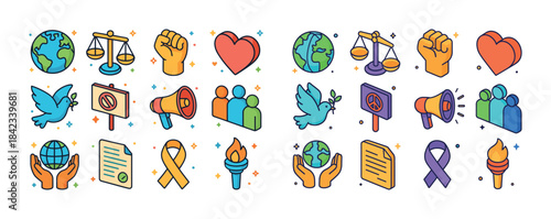 Colorful icons representing peace, unity, justice, love, and awa