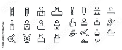 Set of various clips and fasteners line icons in black and white