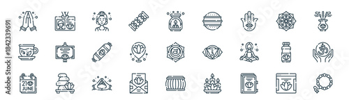 modern linear international day of icon set. vector thin line outline symbols for ui/ux app and web interfaces. minimal stroke collection including website, membership, meditation, dharma,
