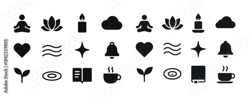 Set of minimalist meditation and wellness icons with symbols and