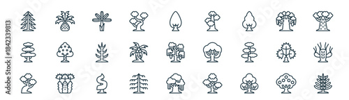 modern linear tree icon set. vector thin line outline symbols for ui/ux app and web interfaces. minimal stroke collection including blossom, palm, tree, tree, coconut