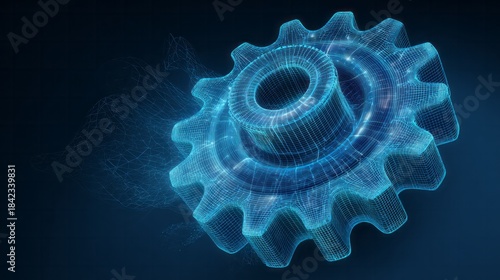 Glowing blue wireframe gear with abstract particles swirls.