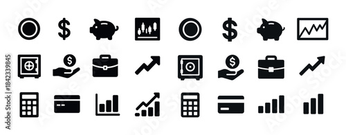 Financial icons set: currency, growth, security, and banking sym