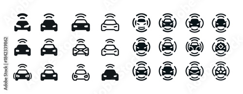 Autonomous vehicle icons set with radar and wi-fi symbols in var