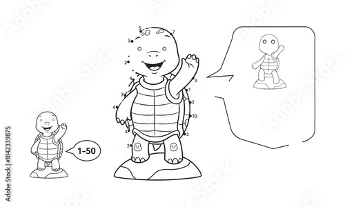 Friendly cartoon turtle character waving hello with a speech bubble and a smaller version of himself