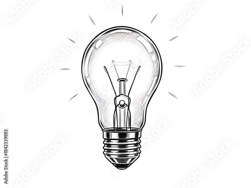 Black and white of illuminated light bulb with rays