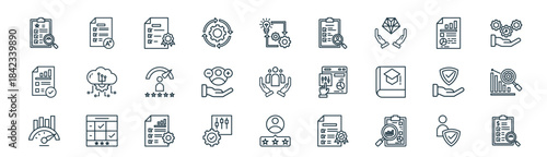 modern linear assessment icon set. vector thin line outline symbols for ui/ux app and web interfaces. minimal stroke collection including reliability, score, standards, report, attitude, diligence,