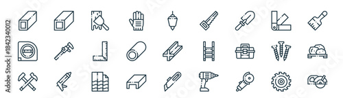 modern linear construction materials icon set. vector thin line outline symbols for ui/ux app and web interfaces. minimal stroke collection including wheel saw, steel, drywall, sample, steel,