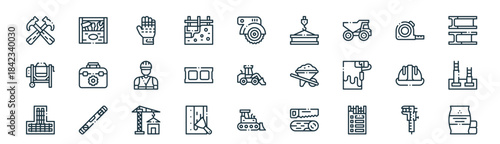 modern linear construction and tools icon set. vector thin line outline symbols for ui/ux app and web interfaces. minimal stroke collection including caliper, tool box, gloves, measuring tape,
