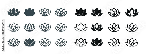 Collection of minimalist lotus flower icons in various styles an