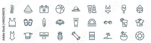 modern linear summer icon set. vector thin line outline symbols for ui/ux app and web interfaces. minimal stroke collection including coconut, watermelon, calendar, ice cream, flower necklace,