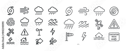 Weather and disaster icons collection: rain, wind, storms, alert