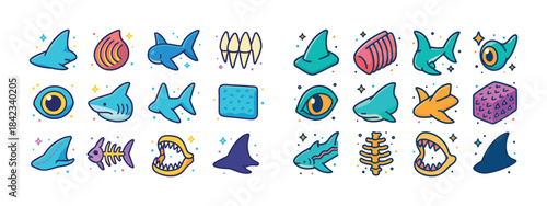 Colorful cartoon shark illustrations with fins, teeth, and fish