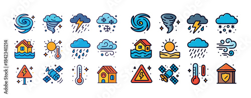 Weather icons: hurricane, rain, sun, storm, snow, flood, thermom
