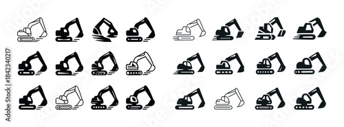 Set of excavator icons in various designs and styles