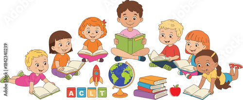 Cheerful cartoon kids reading books together, colorful educational learning scene with children, globe, toys, school supplies, early childhood education concept