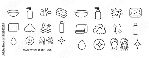 Face wash essentials icons: soap, bubbles, towel, bottle, sponge