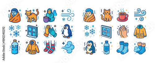 Cozy winter icons featuring people, animals, and seasonal items