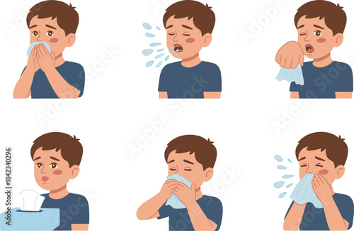 Cartoon sick boy sneezing and blowing nose, allergy symptoms, cold flu illness, runny nose, child health care illustration set for medical use