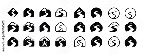 Set of abstract mountain and river icons in various geometric sh