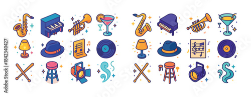 Colorful jazz music icons featuring instruments and accessories