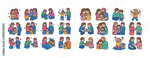 Diverse families sharing loving moments with children in various