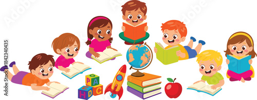 Cheerful cartoon kids reading books together, colorful educational learning scene with children, globe, toys, school supplies, early childhood education concept
