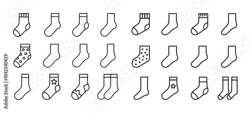 Set of various sock icons in simple black and white line art sty
