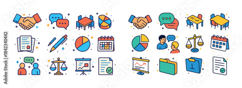 Business meeting icons: charts, handshake, calendar, scales, doc