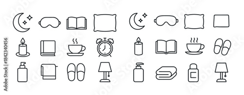 Sleep essentials icons set: pillows, eye masks, candles, books,