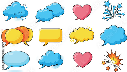Cartoon, speech, bubble, cloud, heart, explosion, burst, icon, vector, colorful, comic, emoji, message, graphic, design, communication, emotion, fun, pop, style