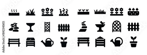 Silhouette icons of garden elements: tools, plants, and decorati