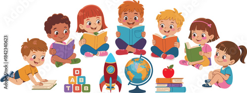 Cheerful cartoon kids reading books together, colorful educational learning scene with children, globe, toys, school supplies, early childhood education concept