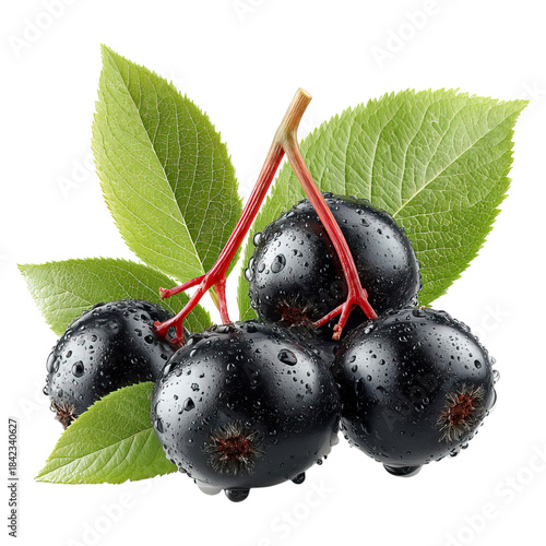 Black elderberry fruit on green branch concept. Fresh black chokeberries with leaves, glistening with dew.