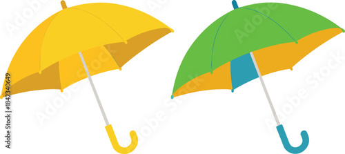 Colorful umbrellas illustration, yellow and blue umbrella design, open parasols on white background, simple vector style, rain protection concept artwork