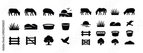 Silhouette icons of farm animals, nature, and rural symbols