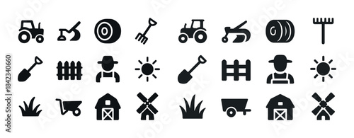 Set of farm equipment and farmer icons in black silhouette style