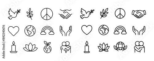 Set of peace and unity icons featuring symbols of harmony and en